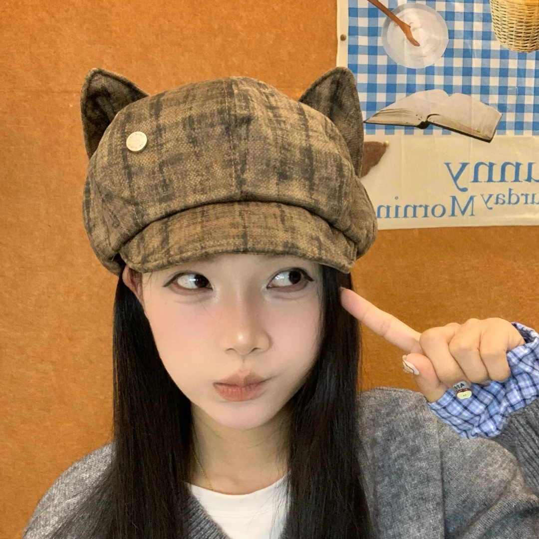 格子猫耳帽毛呢秋冬一帽