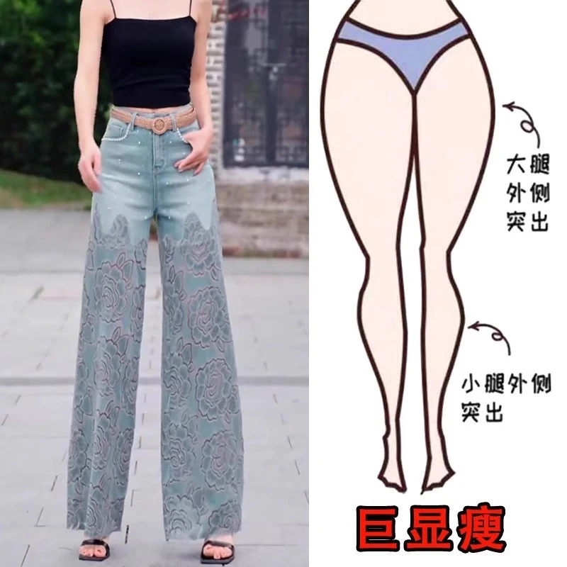 2025夏季薄款大码女装高腰拼接直筒牛仔裤梨形身材显瘦拖地阔腿裤