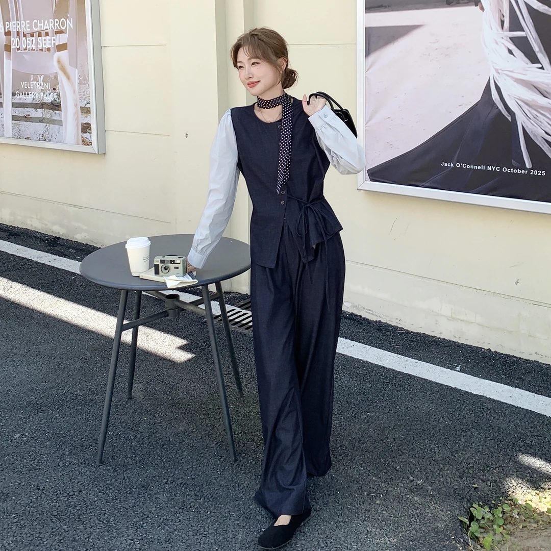 高级感巨好看大方得体韩系穿搭一整ootd撞色拼接上衣阔腿裤两件套