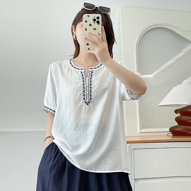 大码女装短袖夏季小衫刺绣女士上衣胖mm法式宽松套头衬衫圆领遮肉
