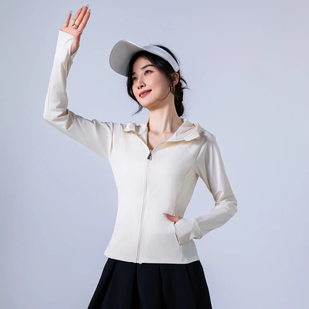 夏季户外防晒衣云彩锦纶小蛮腰立领修身连帽防晒衣轻薄透气不闷热
