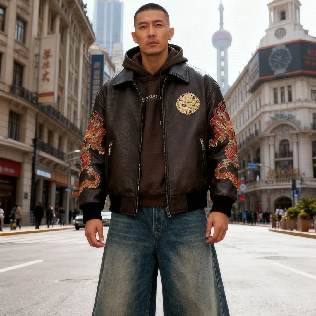 真皮皮衣男原创国潮进口绵羊皮夹克阔版机车服秋冬飞行服加厚外套