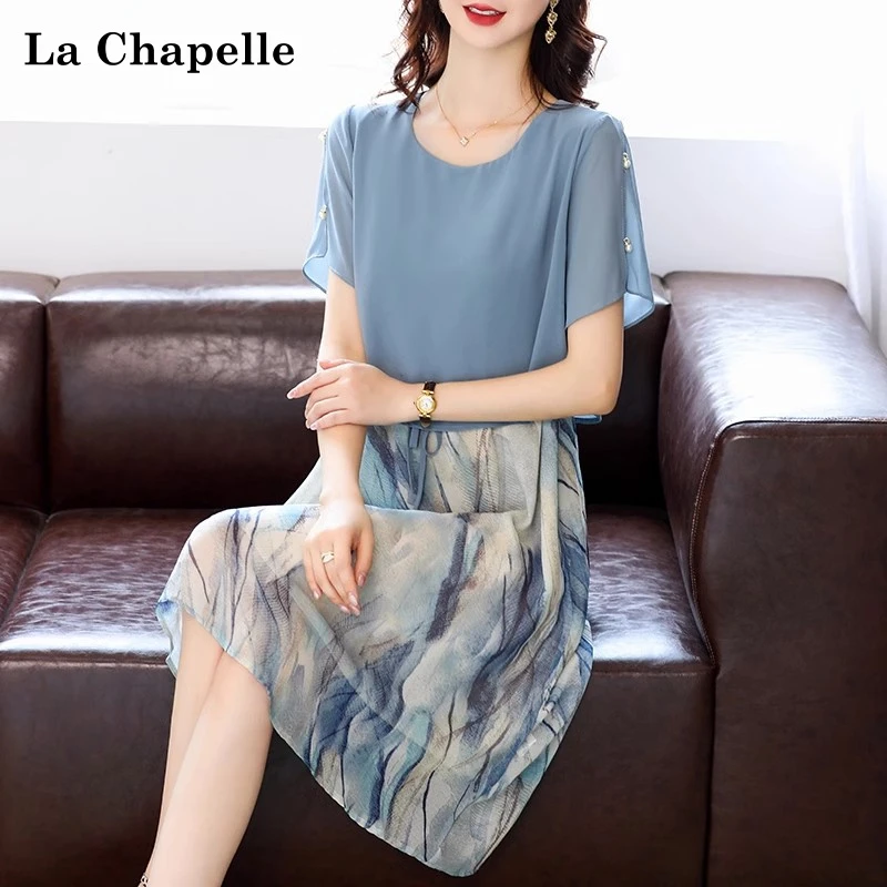 妈妈夏装连衣裙2025新款中年女短袖半身裙中老年人印花雪纺长裙子