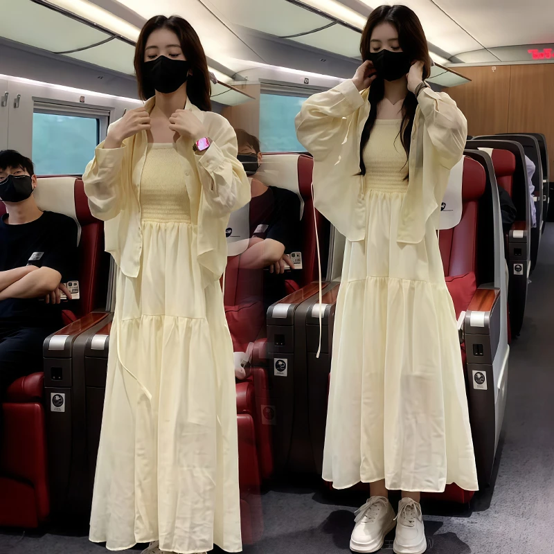 纯欲风时尚套装女2025年夏季新款翻领长袖衬衣褶皱吊带裙两件套潮