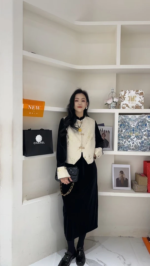 【夕月】欧货重工中式提花马甲+丝绒连衣裙两件套-88878