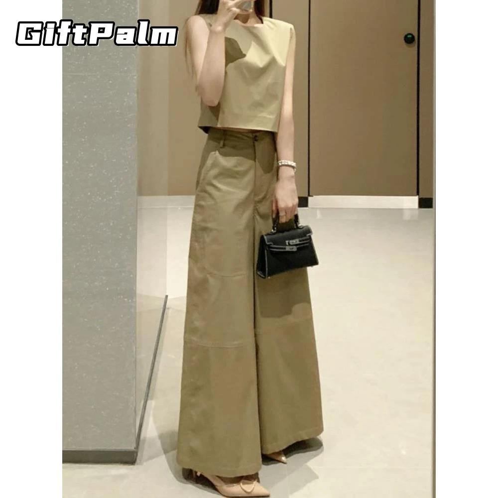 GiftPalm韩版高级感卡其色时尚套装夏季款无袖背心上衣阔腿高腰裤