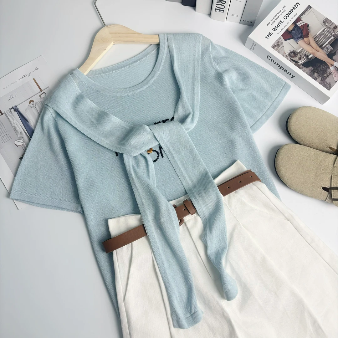 玲姐定制-字母款一体式披肩时尚潮流T恤薄款针织短袖111720