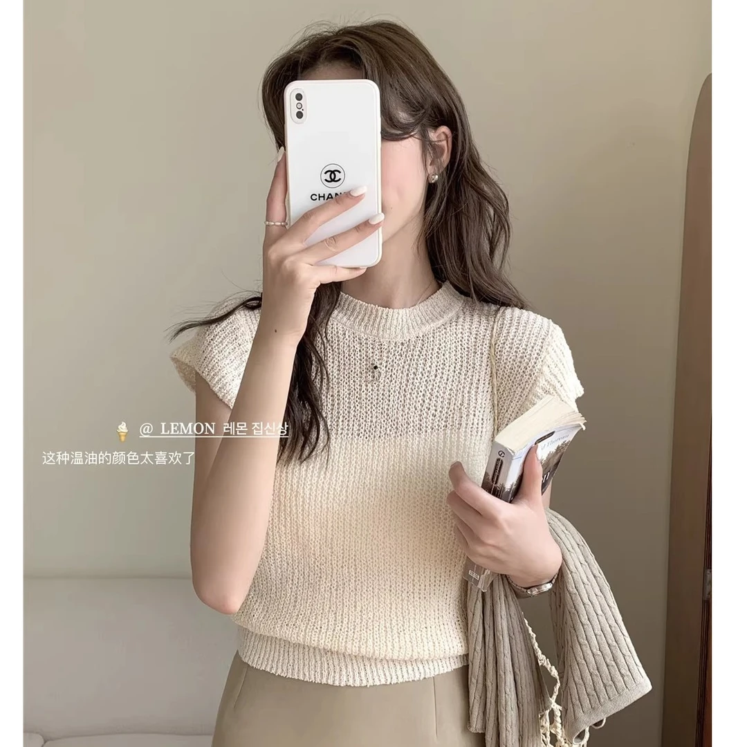冰丝镂空正肩针织短袖T恤女夏设计感小众薄款修身短款小飞袖上衣