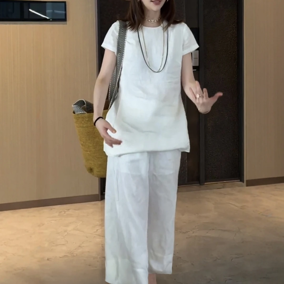 欧洲站法式风优雅贵气老钱风亚麻套装轻奢A字版短袖上衣阔腿裤ins