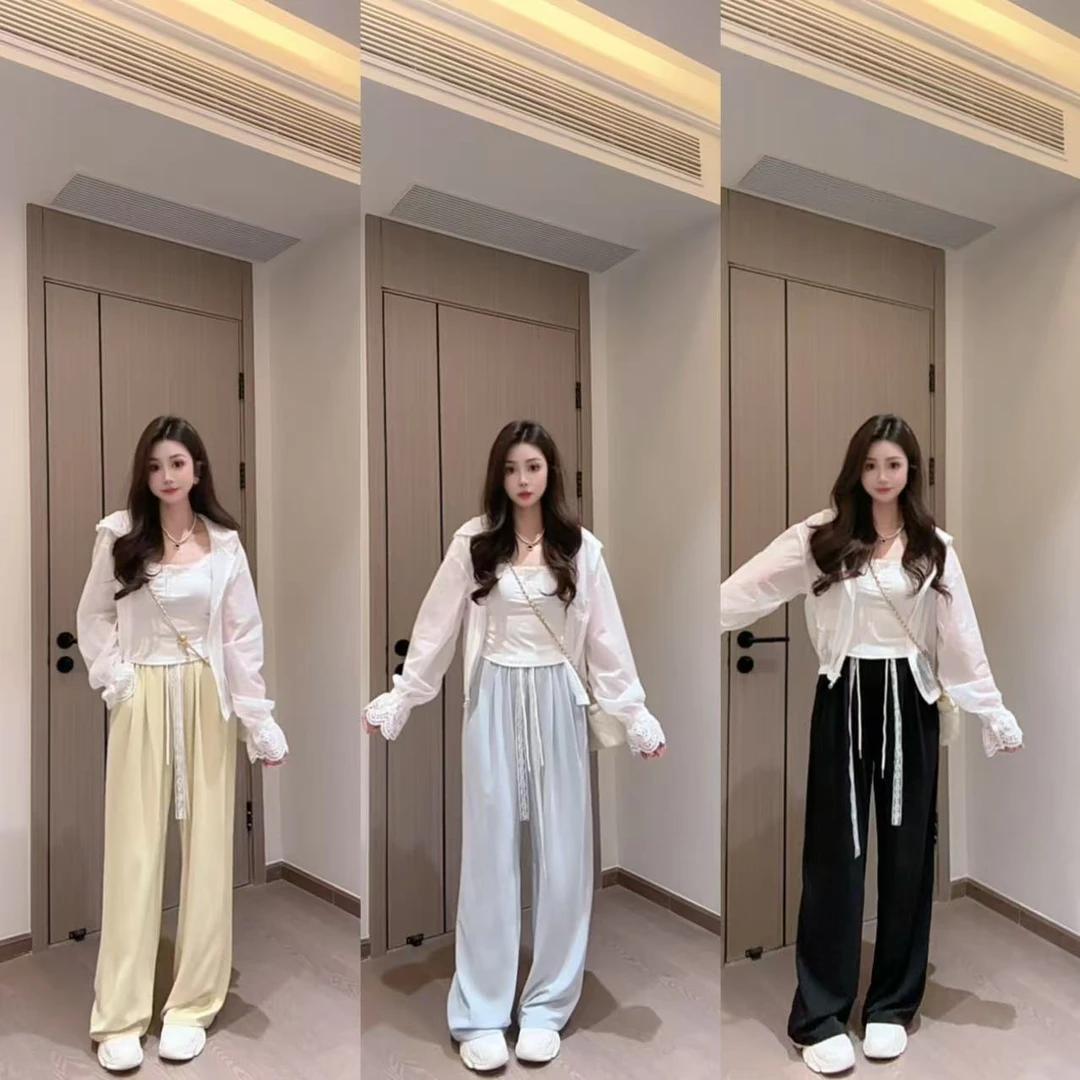 “冰丝溜溜裤”蕾丝抽绳口袋款山本拖地裤-8036