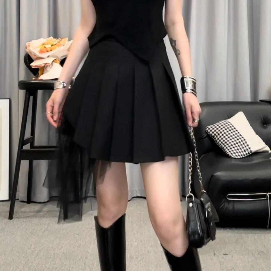 设计师款小众复古高腰辣妹黑色a字网纱百褶西装半身裙女短裙夏季