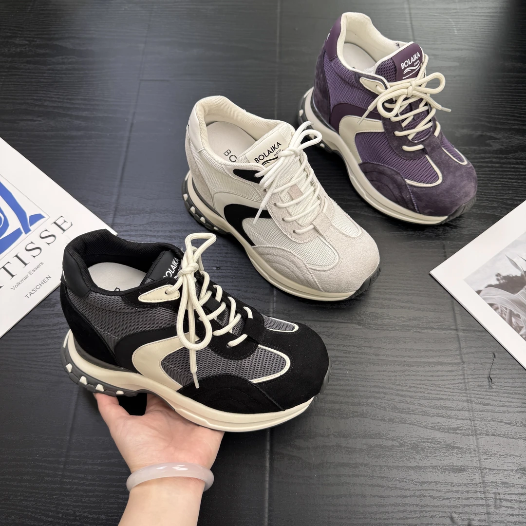 增高11cm春夏秋运动登山鞋系带内增高女鞋真皮百搭圆头女鞋1055