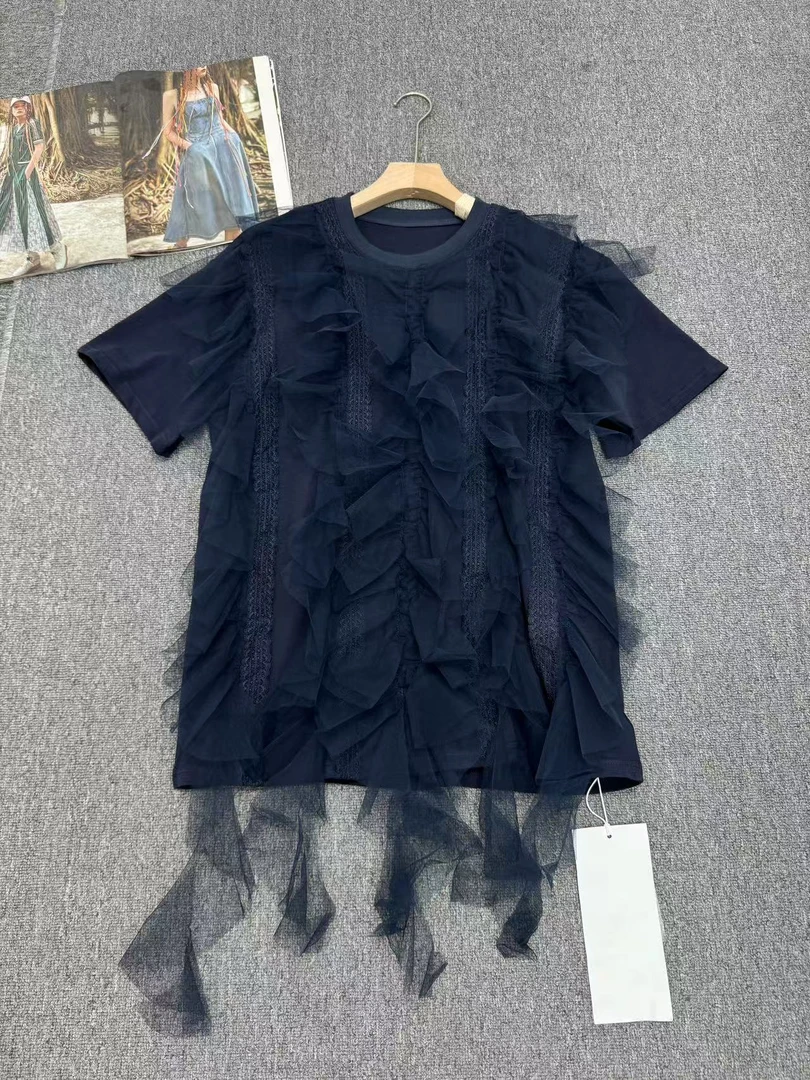 欧货女装小众设计宽松拼接网纱中长款T恤2025春夏新款百搭纯色