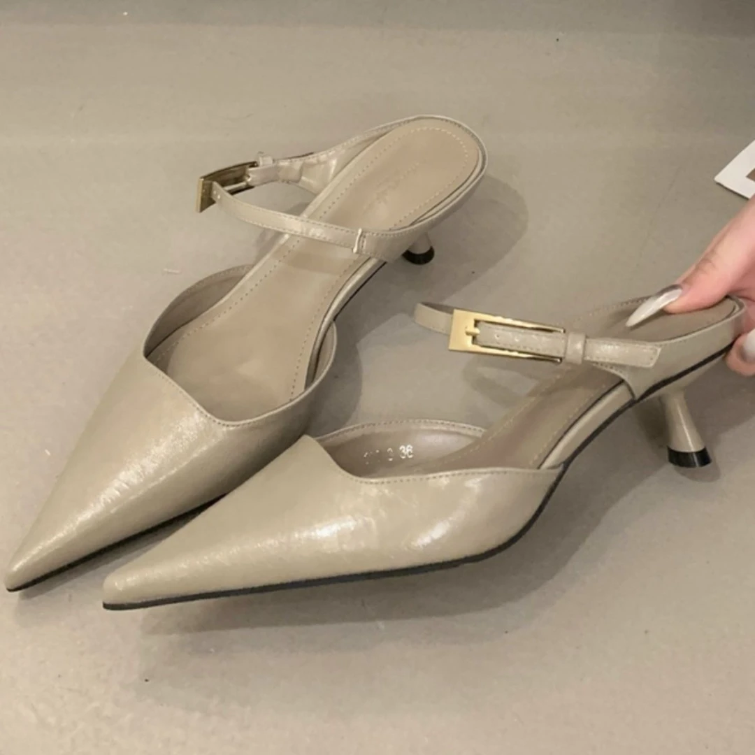 轻便包半拖鞋女2025春款细跟尖中跟百搭外穿皮带扣高跟鞋