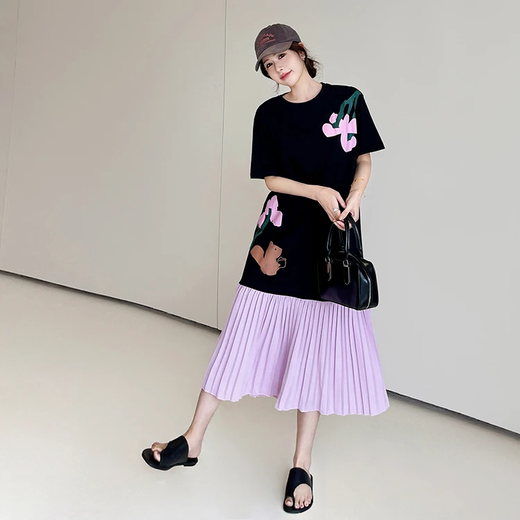 2025夏新款/宽松大码显瘦拼接压褶裙摆印花短袖连衣裙