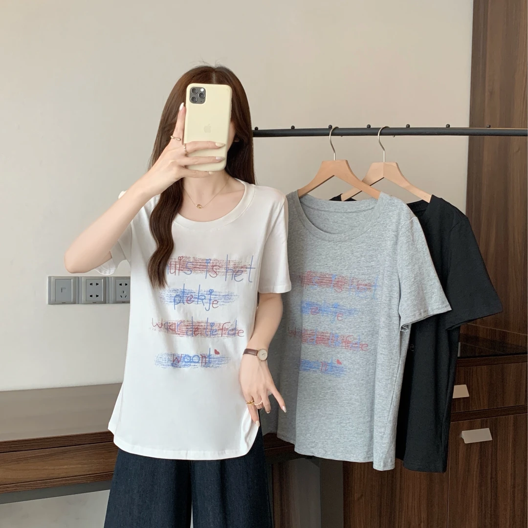 清2025夏季胖mm大码字母印花纯棉短袖T恤正肩显瘦休闲上衣64873