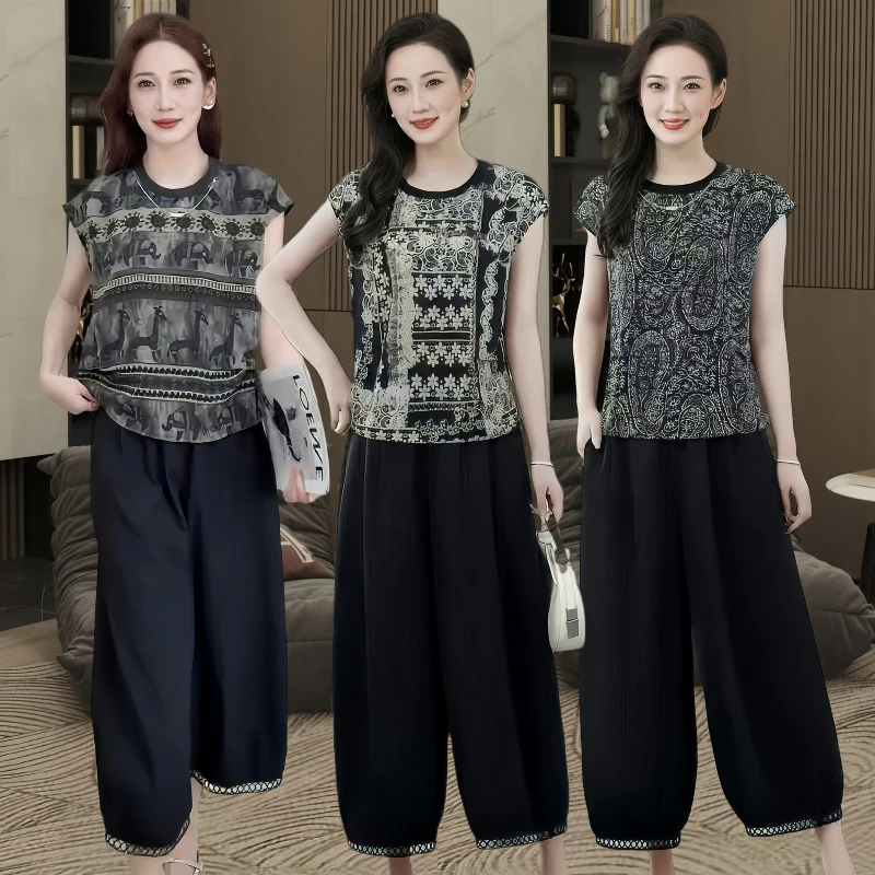 显瘦圆领上衣高档两件套新款时尚套装宽松休闲短袖妈妈装气质套装