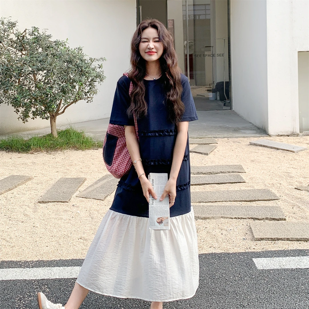 时尚网纱拼接木耳边连衣裙女2025夏季新款休闲直筒宽松T恤长裙女