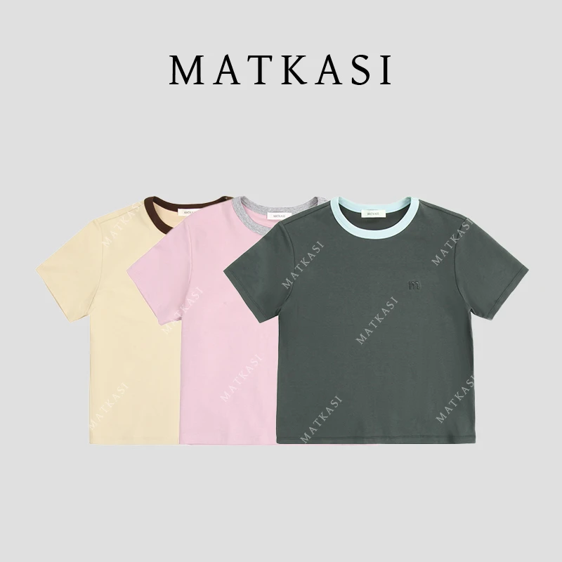 MATKASI 时尚设计感时尚气质日常通勤休闲百搭翻边撞色领绣花T恤