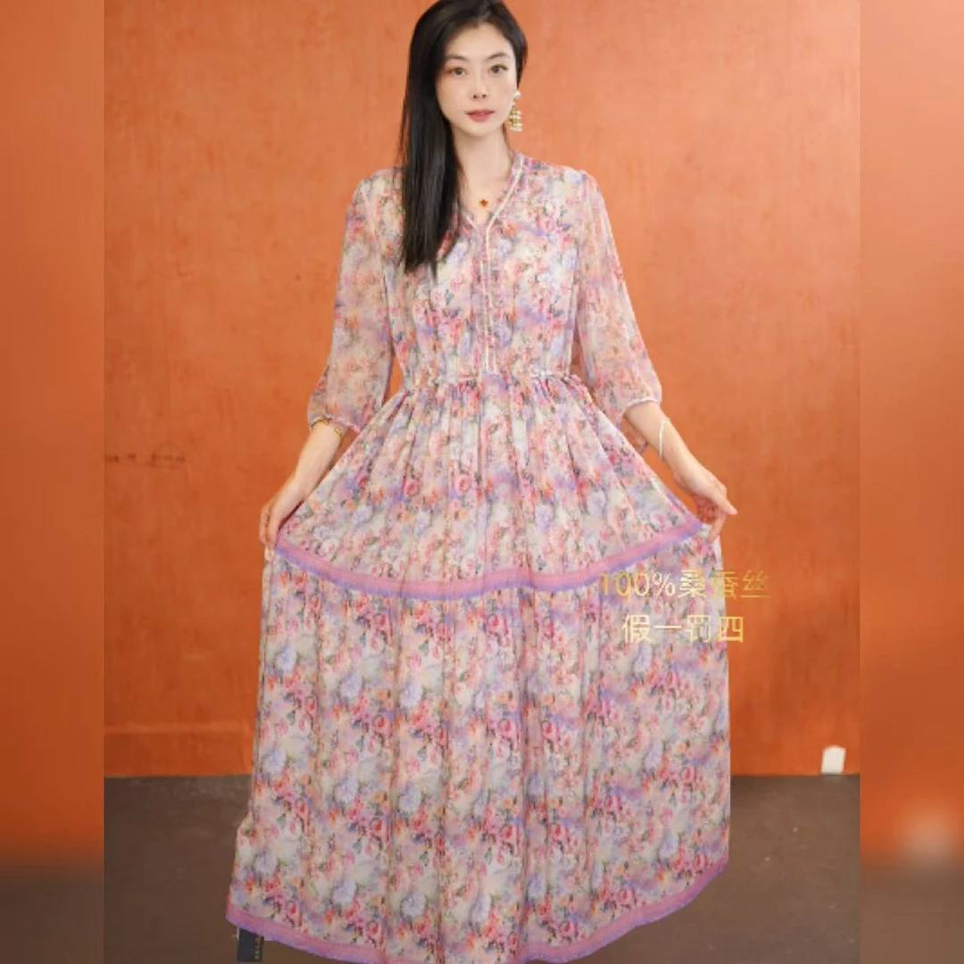 【多米拉】04125粉色玫瑰碎花显瘦夏季气质