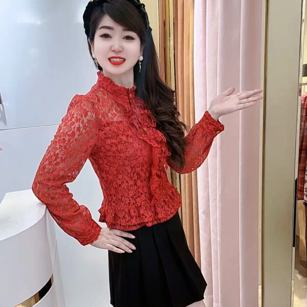高级重工洋气百搭薄款立领蕾丝法式时尚镂空衬衫