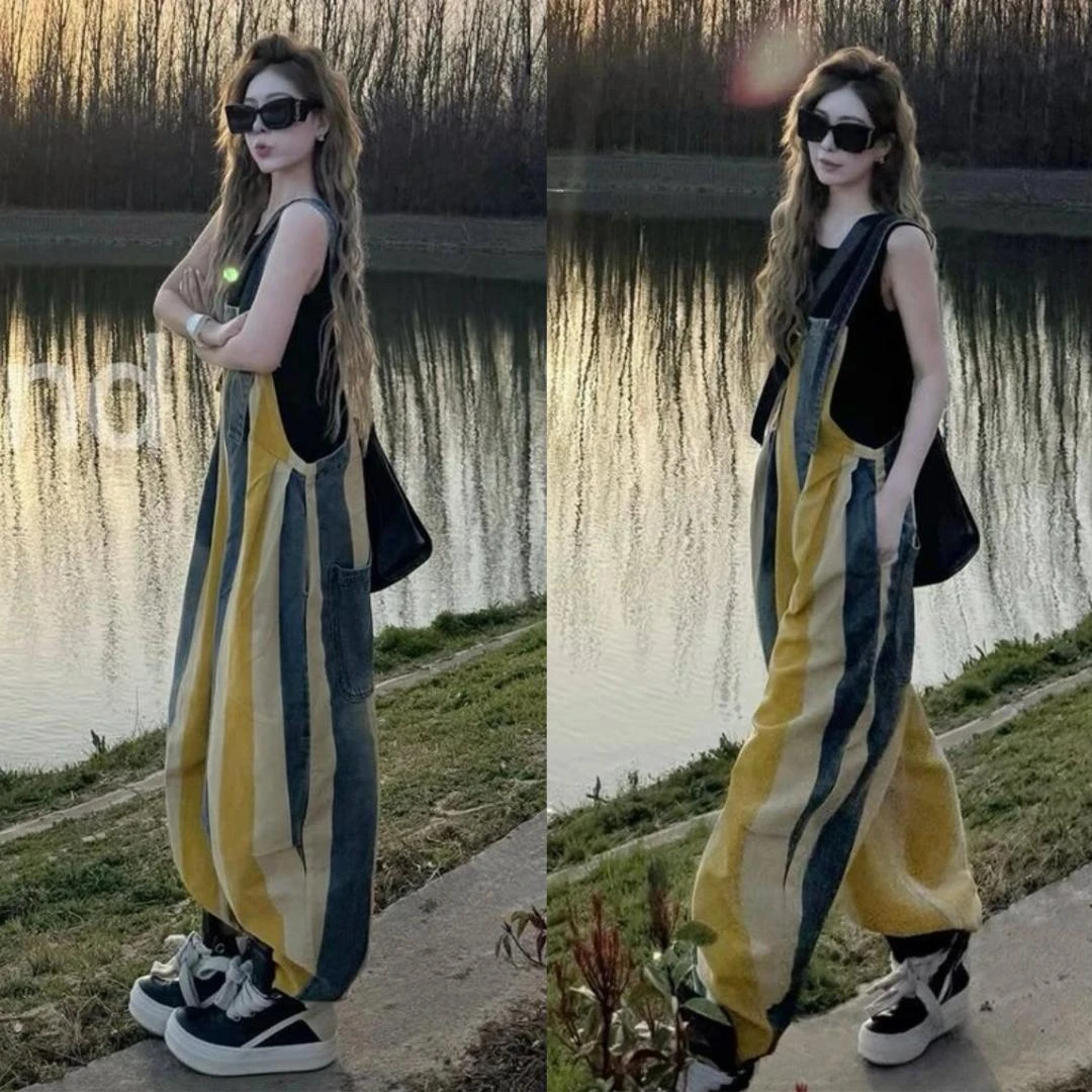 韩系百搭显瘦拼色背带裤女欧洲站2025夏季新款时尚减龄高腰长裤潮