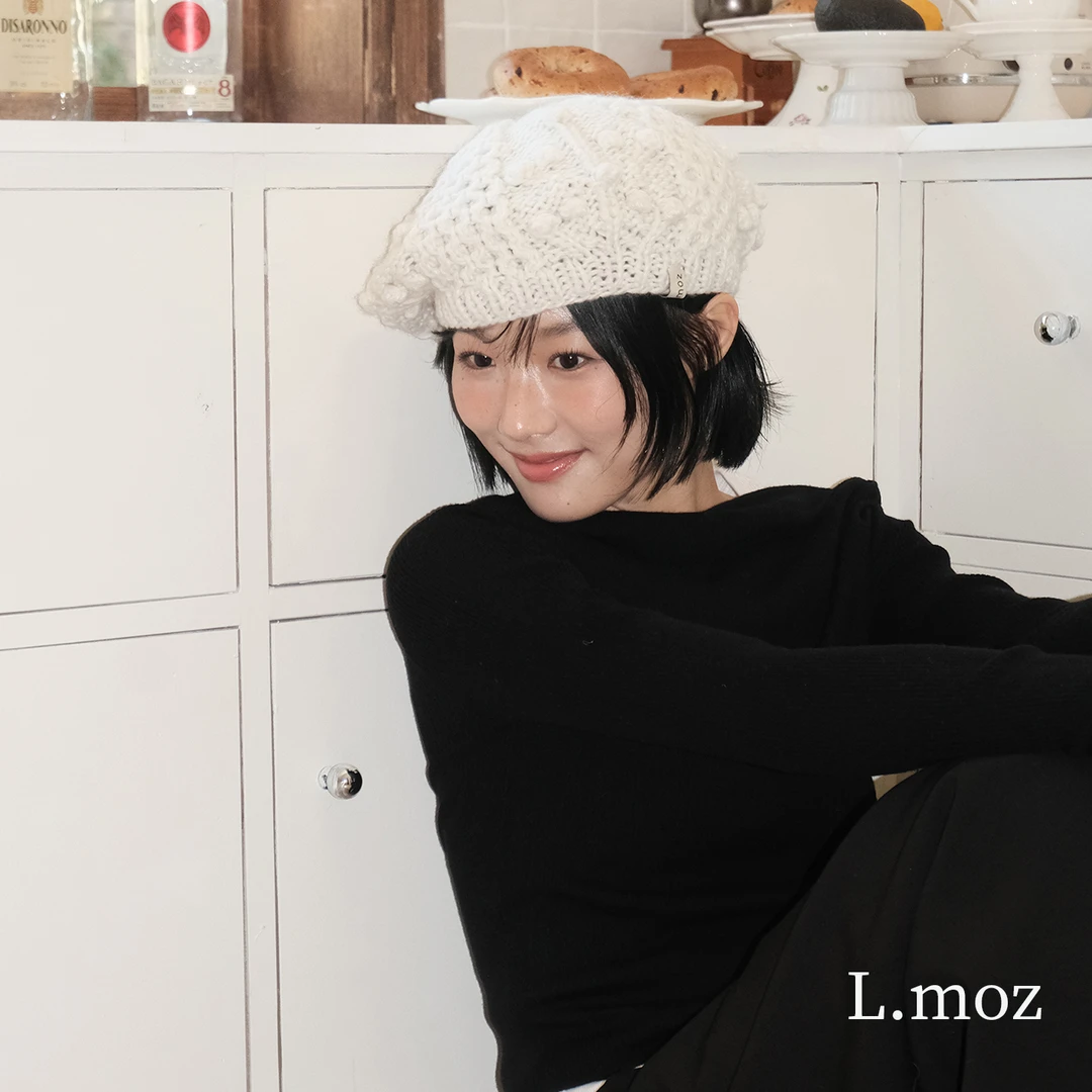蓝墨竹LMO.Z日系复古针织帽女秋冬新款白色百搭贝雷帽编织画家帽