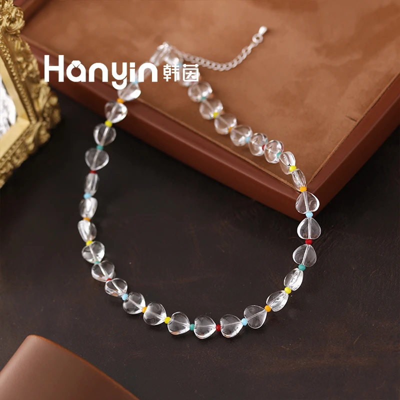铜合金仿水晶项链 10mm原创设计彩虹连珠爱心项链轻奢小众高级感