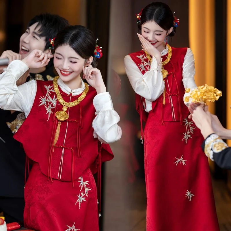 大码胖mm订婚礼服2025新款旗袍敬酒服新中式上衣改良套装日常可穿