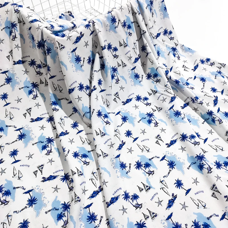 海滨/椰林 高档贡缎棉绸布料 夏季凉爽绵绸人造棉服装连衣裙面料