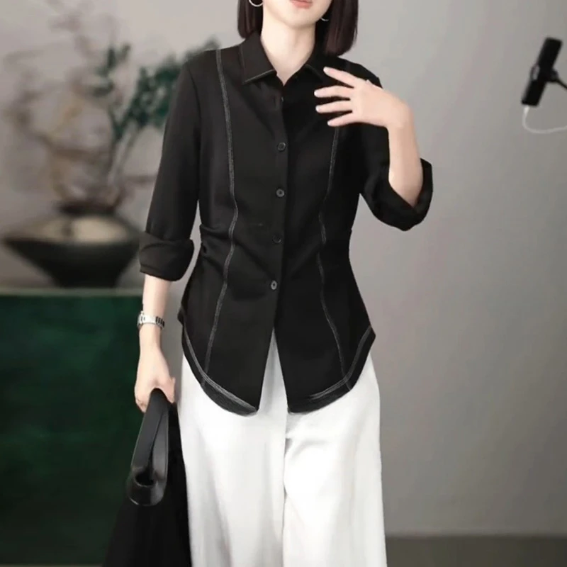 高级感Polo领黑色撞色条纹长袖衬衫女2025秋季收腰显瘦超好看上衣