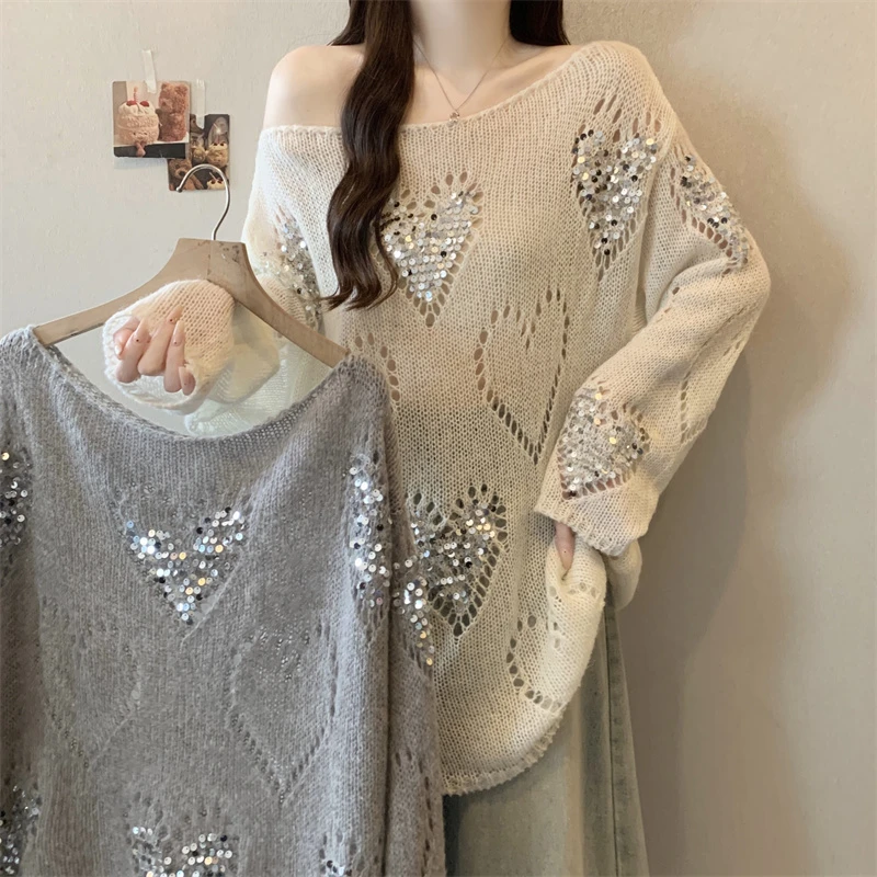 大码2025秋季新款韩版镂空一字领纯色长袖针织衫上衣时尚设计感