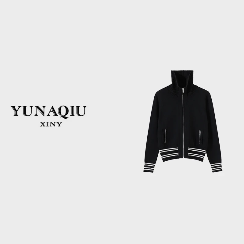 KUNGE-早秋时尚设计师气质百搭立领休闲长袖拼接针织衫-8324