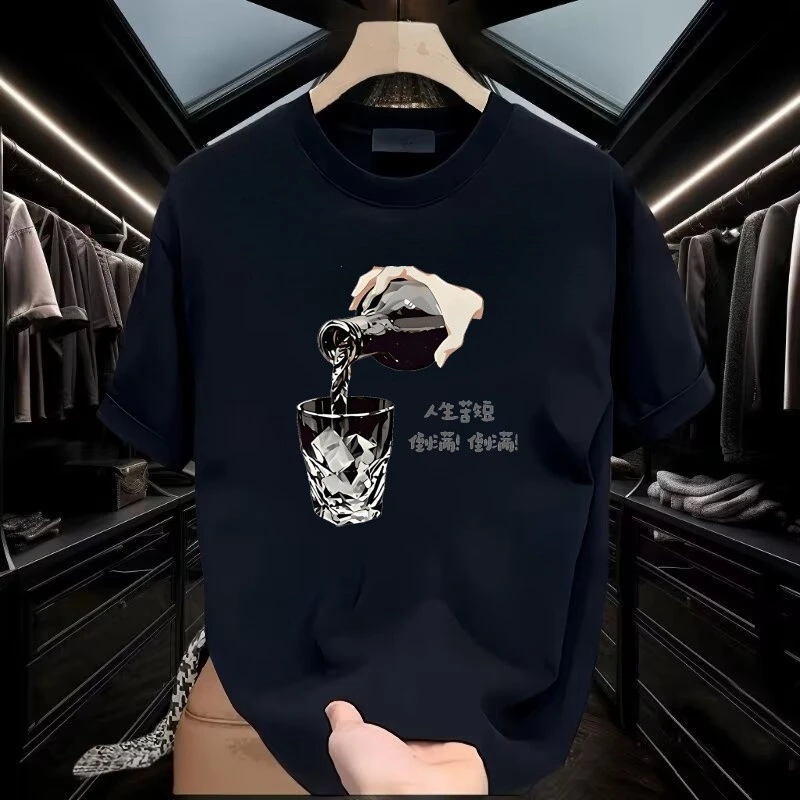 五分袖青年短袖宽松型夏季T恤宽松印花时尚韩版ins男士黑色