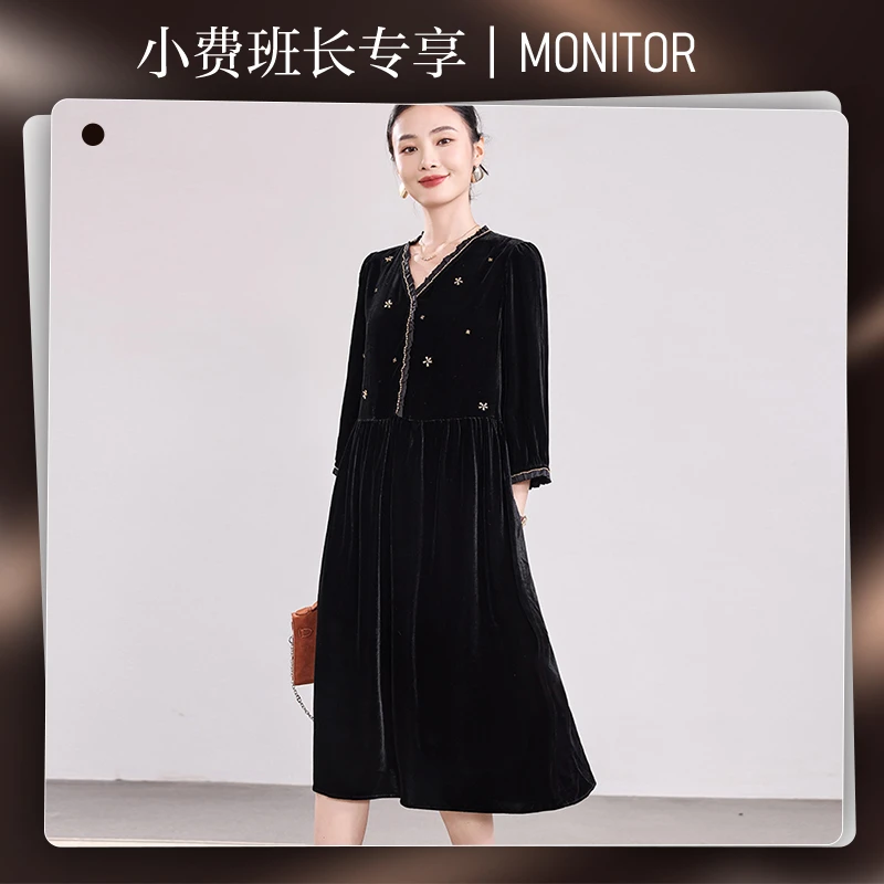 【小费班长专属】R5969复古真丝丝绒连衣裙女长裙通勤显瘦桑蚕丝裙