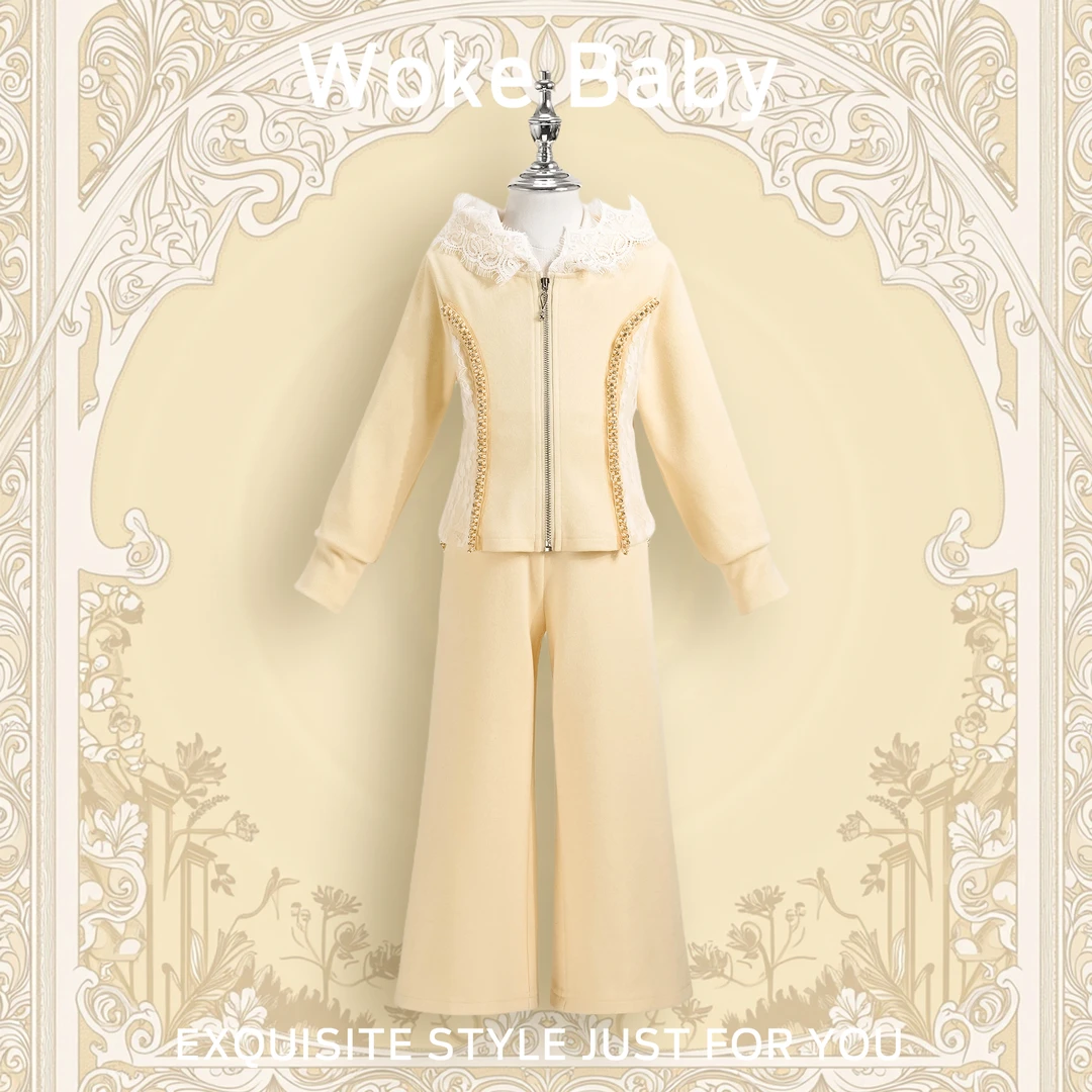 【现货】女童秋季修身上衣连帽蕾丝运动时尚汉服裤子A5814