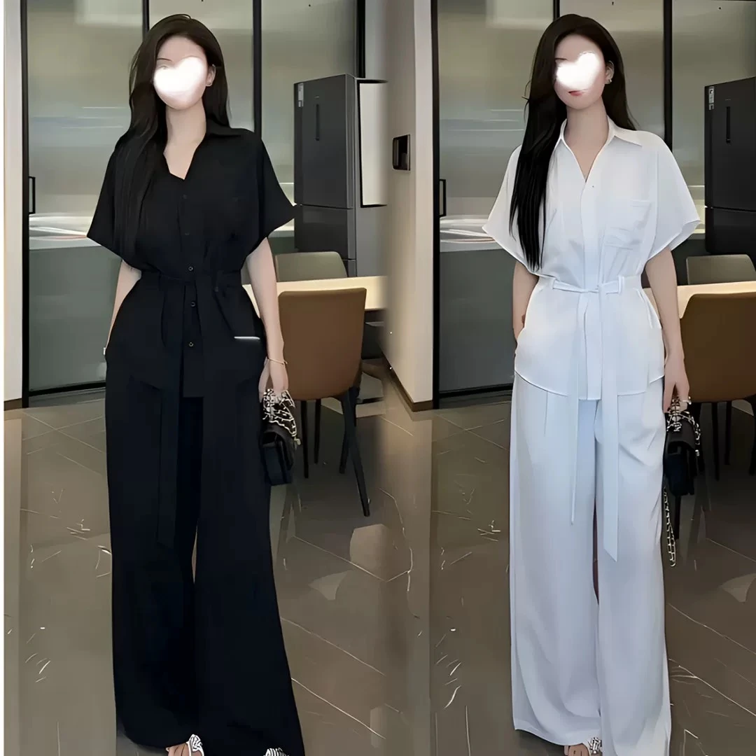 夏季新款大码洋气时候休闲老钱风宽松胖MM上衣+裤子套装