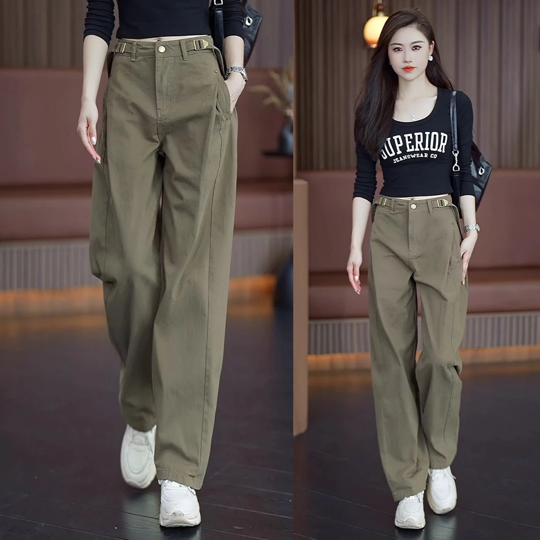 啄木鸟阔腿工装裤女2025早秋新款高腰宽松休闲弯刀裤春秋洗水棉软