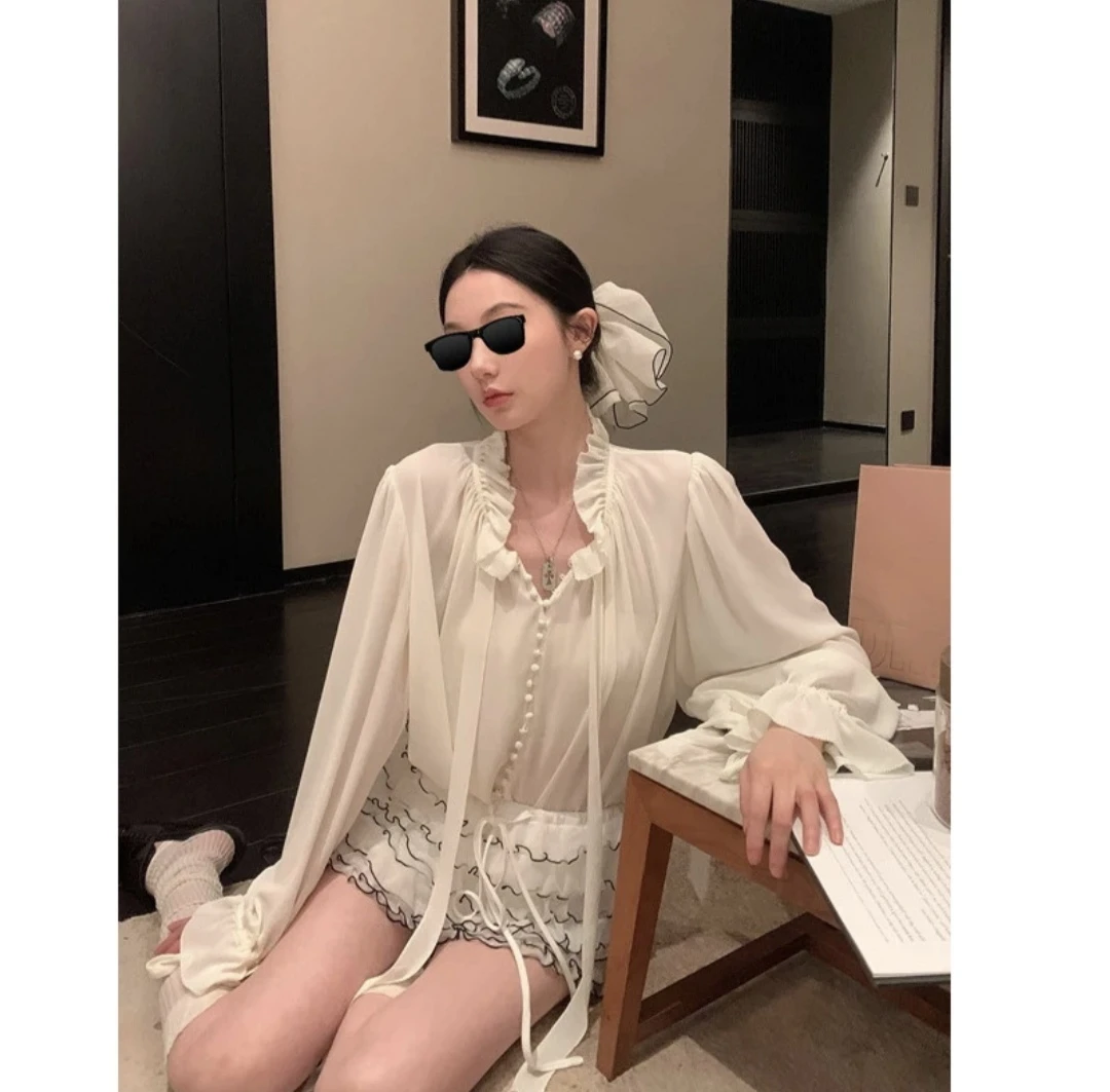 欧阳 2/19 20点【月光初恋】系带雪纺衬衫设计感小众长袖衬衣