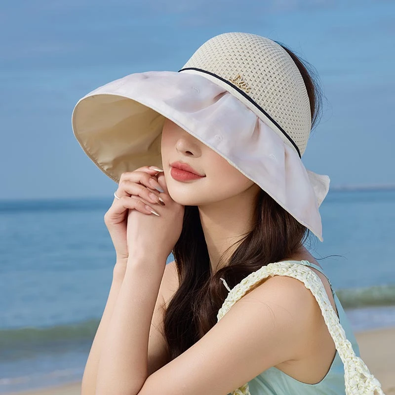 帽子女夏季黑胶防晒空顶纯色拼接镂空渔夫帽户外百搭遮阳太阳帽