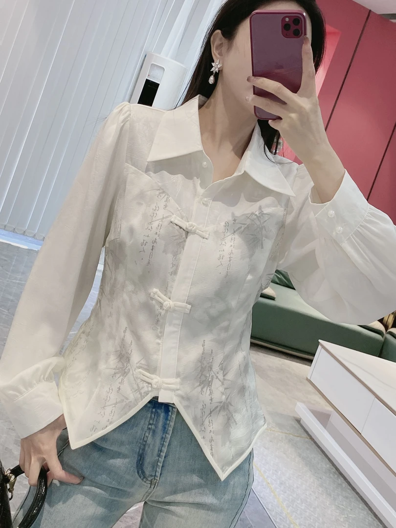 【金皇橦颜】新中式盘扣水墨画收腰透纱袖衬衫53