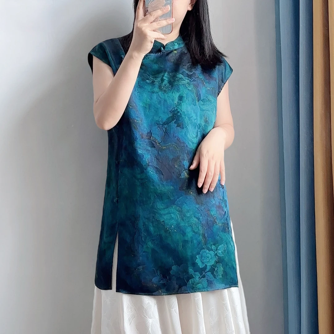 夏季透气真丝香云纱花罗奥黛衫新中式立领桑蚕丝斜襟开叉加长上衣