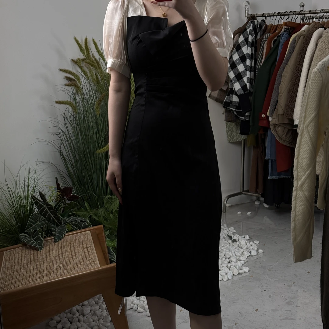 Lagogo/拉谷谷高腰夏季拼接连衣裙显瘦一字肩黑色方领时尚