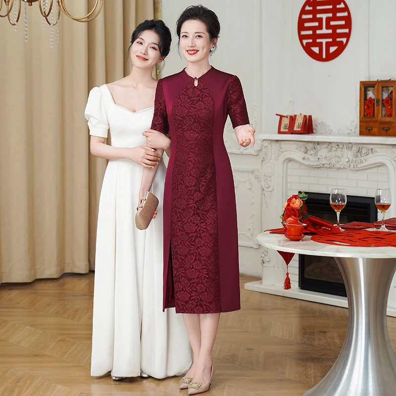 夏季新款改良旗袍女新中式高贵结婚喜宴礼服喜妈妈宴会礼服连衣裙