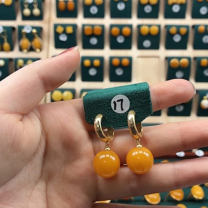 琥珀银S925镶嵌耳饰