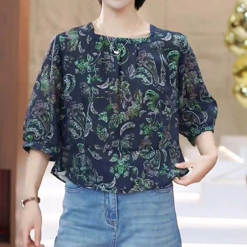 设计感印花雪纺衫女2026年夏季新款减龄休闲妈妈装五分袖方领上衣