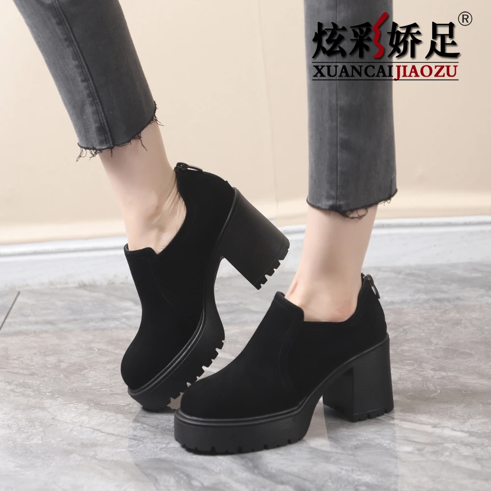 单鞋女鞋2025春秋新款百搭真皮粗高跟厚底小个子职业工作鞋小皮鞋