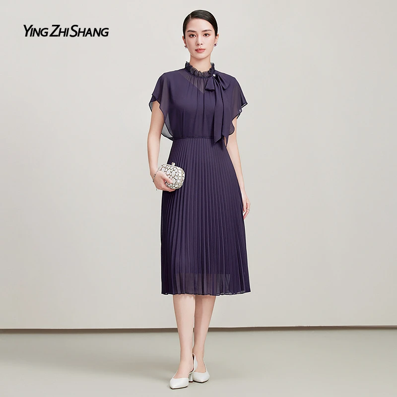 赢智尚紫罗兰色优雅气质百褶连衣裙显瘦中长款夏季新款ZF03251