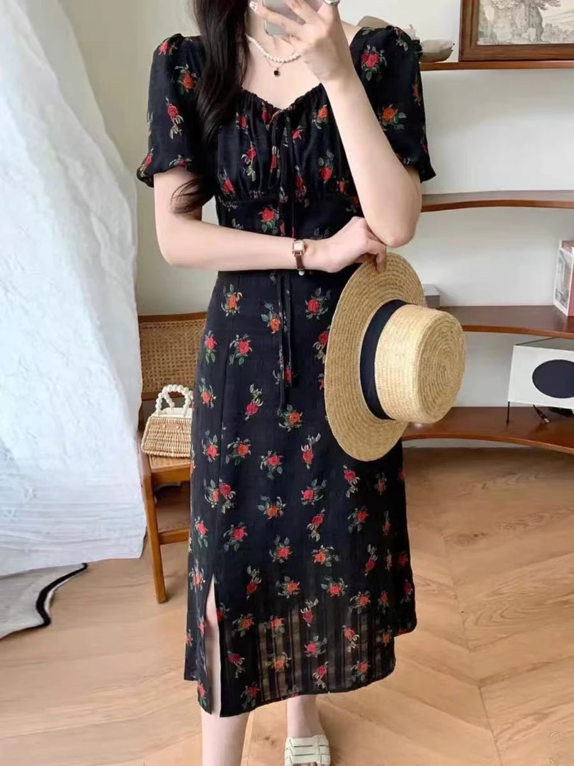 （0341）鱼尾裙印花连衣裙女装碎花长裙裙子泡泡袖不褪色夏季