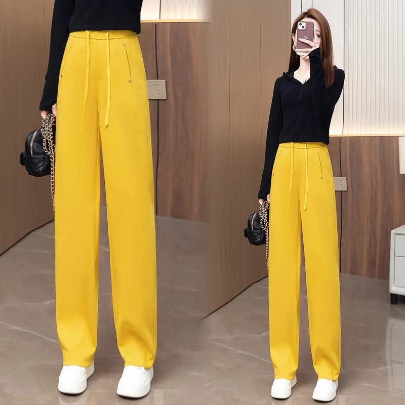 黄色弯刀休闲裤女士女孩夏季新款高腰运动裤直筒裤阔腿卫裤子
